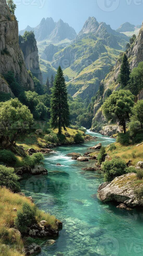 Scenic river flows through a lush valley surrounded by mountains and greenery in a tranquil landscape photo