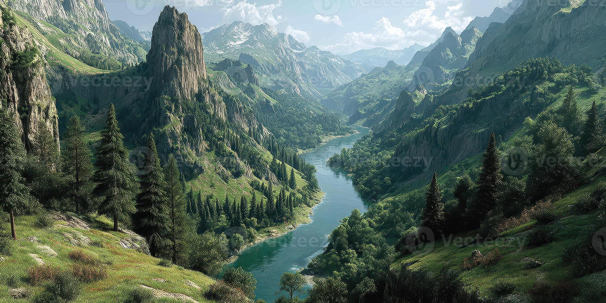 Majestic mountain landscape with a winding river and lush greenery under a clear sky photo