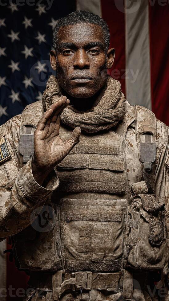 Portrait of a soldier standing confidently against an American flag backdrop while saluting photo