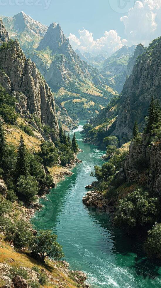 Majestic river flows through rocky mountains and lush greenery under a clear blue sky photo