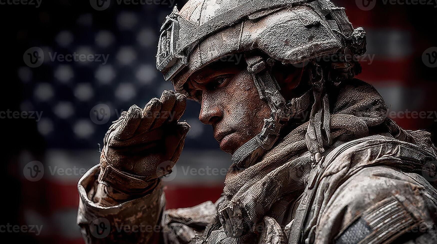 Soldier saluting against a backdrop of the American flag during a commemorative event outdoors photo
