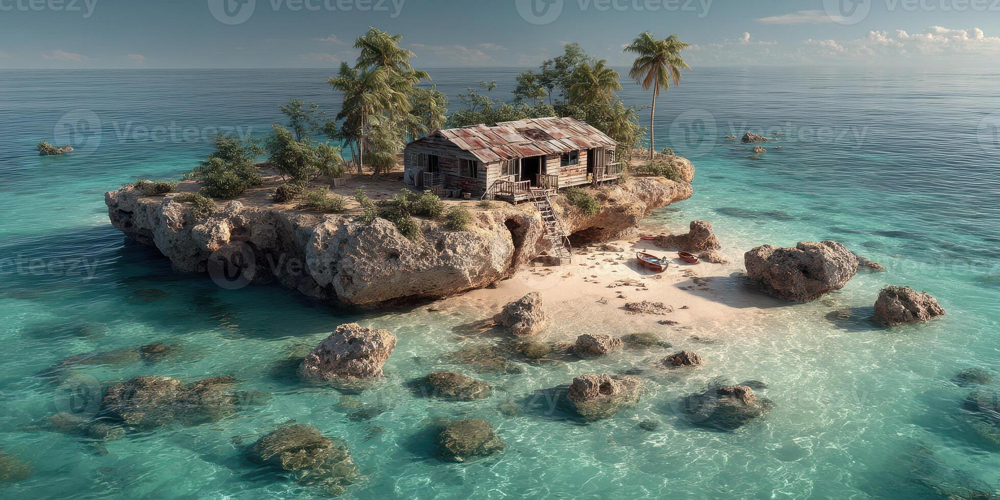 Remote tropical island with a rustic cabin surrounded by clear turquoise waters and lush greenery under a sunny sky photo