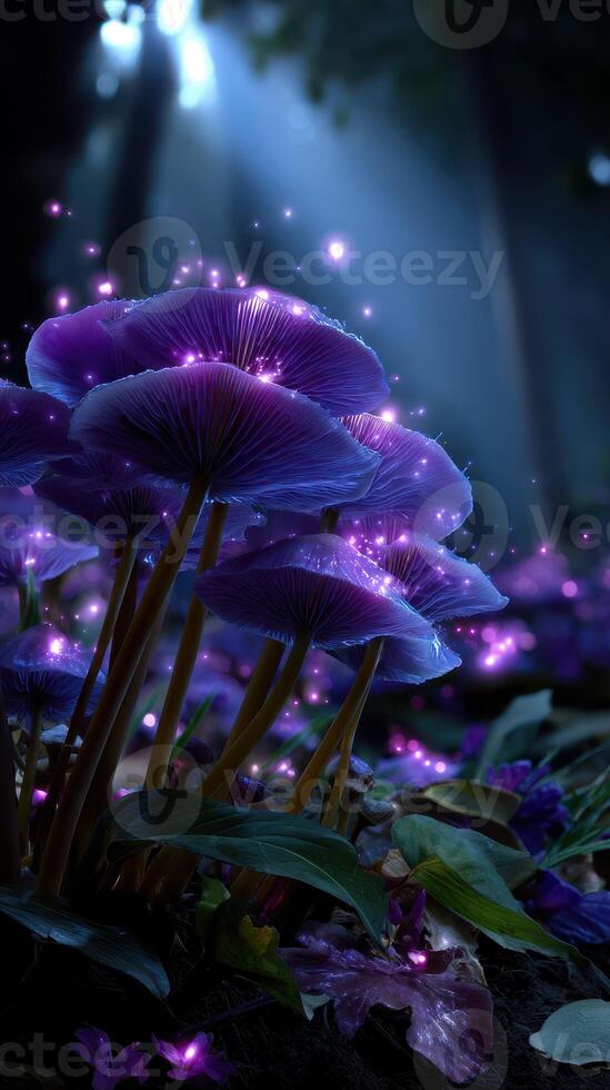 Mysterious purple mushrooms illuminated by soft light in a tranquil forest during twilight hours photo