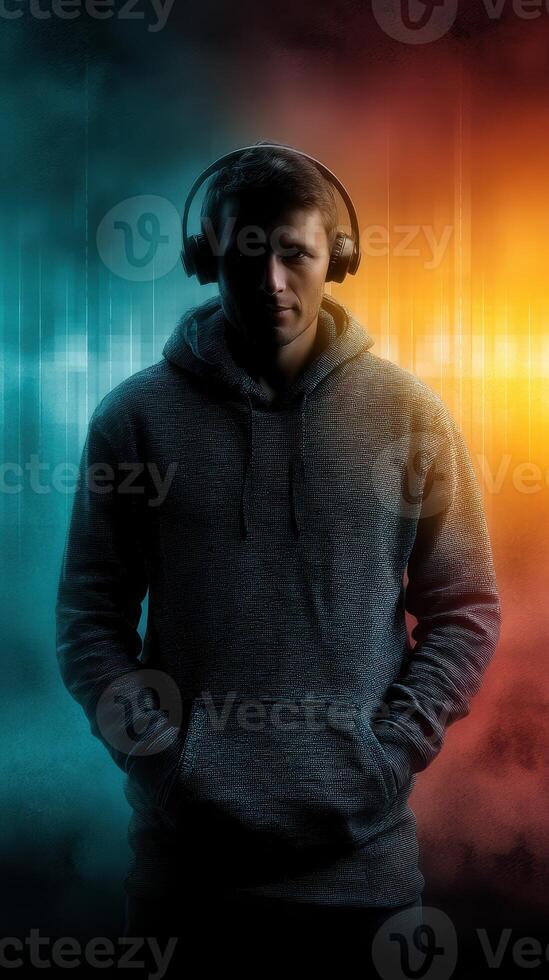 Person wearing headphones in a dark setting with colorful lighting effects and a focused expression on their face photo