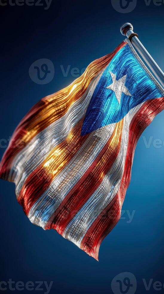 Vibrant Puerto Rican flag waving against a clear blue sky during a sunny day photo