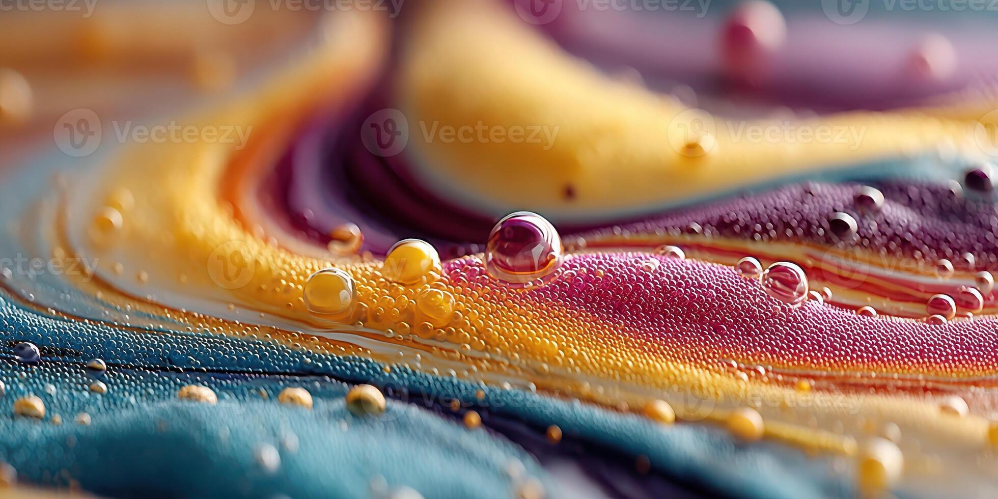 Vibrant abstract patterns with colorful swirls and water droplets captured on fabric photo