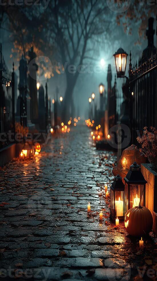 Mysterious cemetery pathway illuminated by lanterns and candles on a foggy autumn night photo