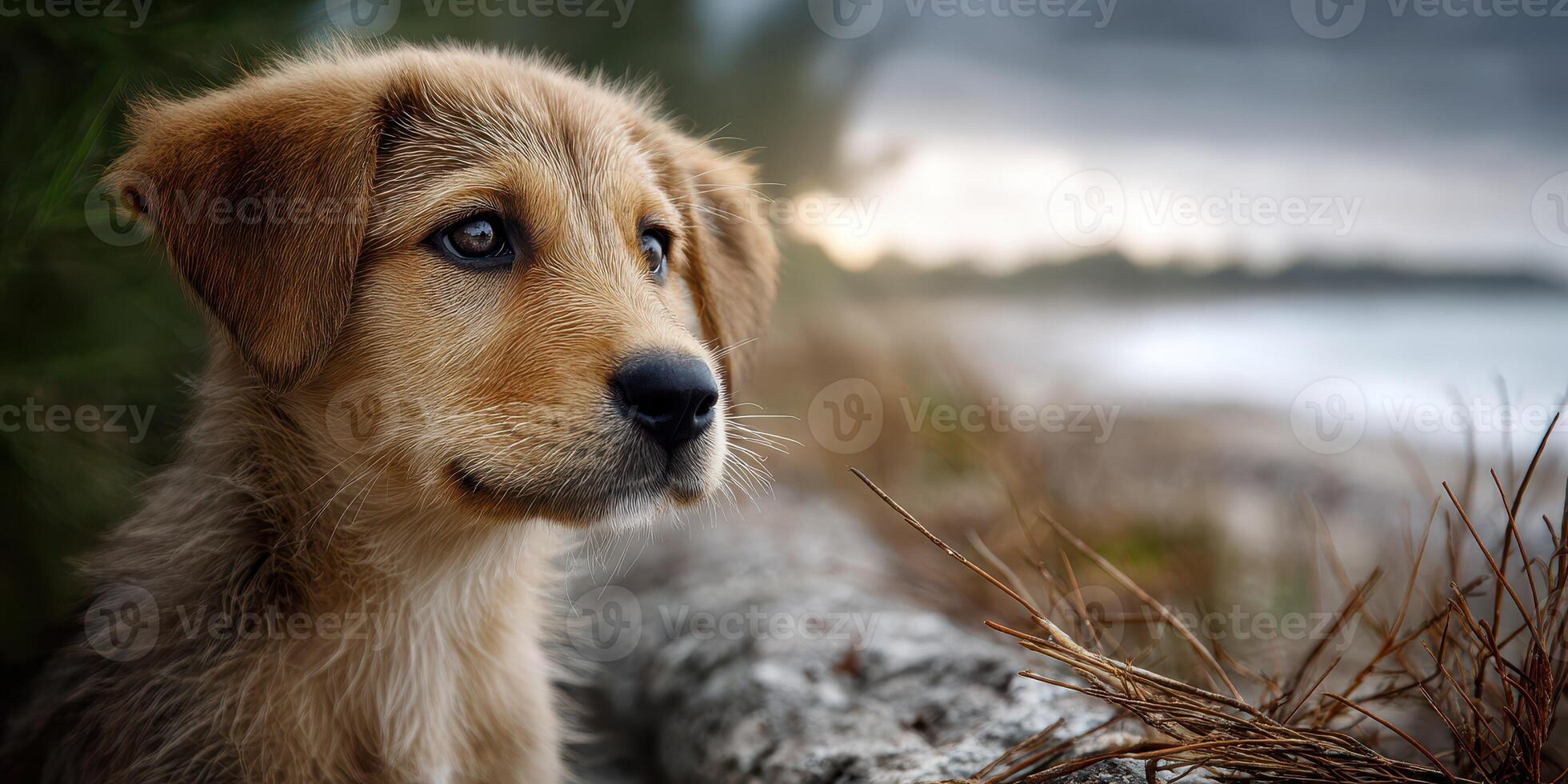Curious puppy gazes at the ocean during a cloudy late afternoon on the beach photo