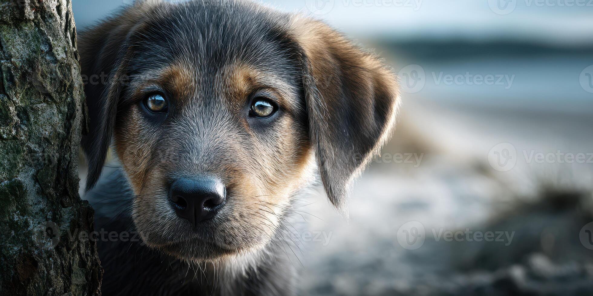 Young puppy gazes curiously at the camera while resting near a tree at the beach during twilight photo