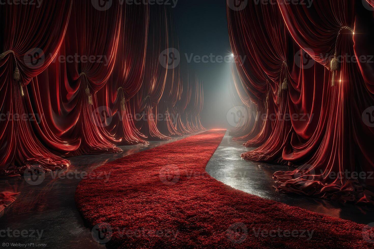Elegant red carpet leading through velvet curtains in a dimly lit theater setting at night photo