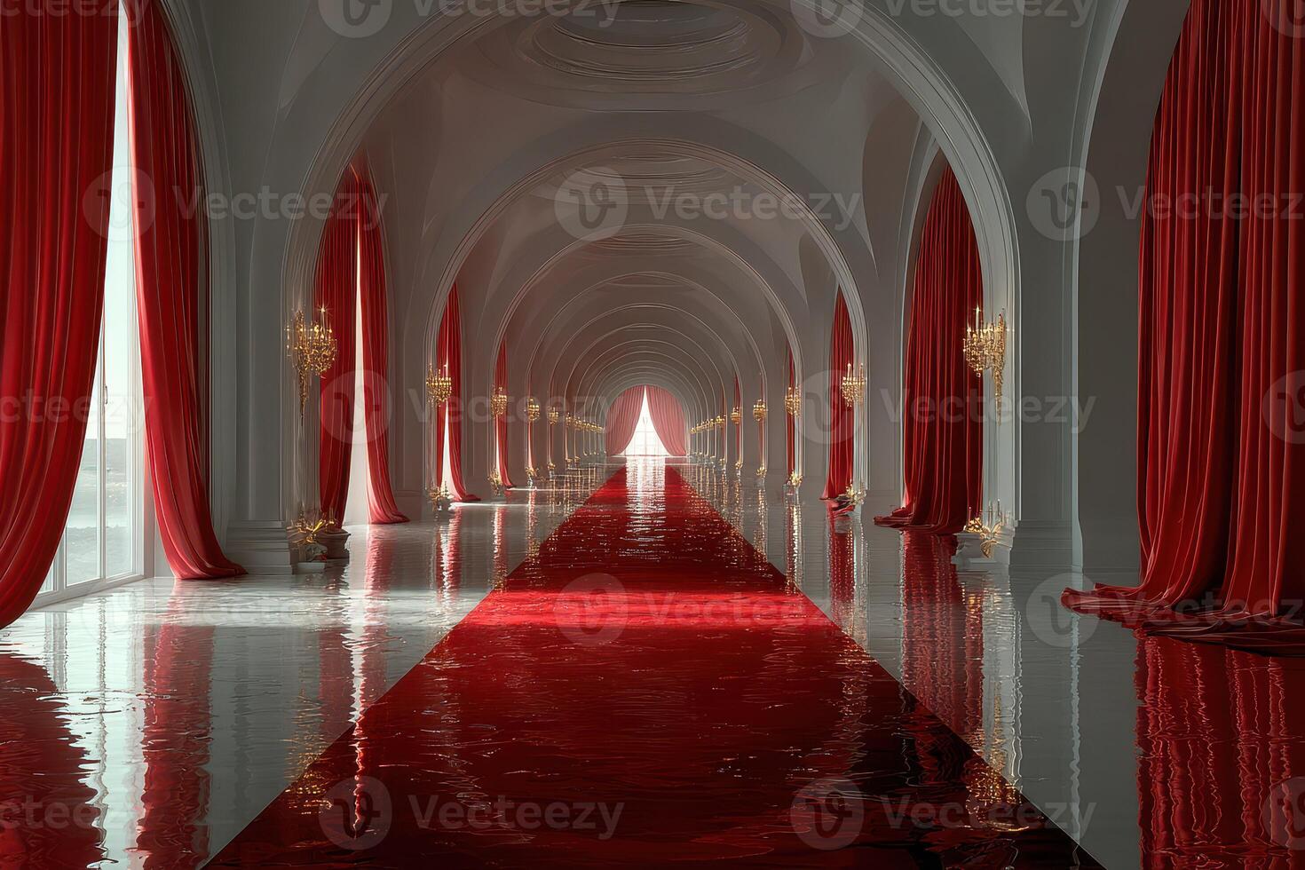 Elegant corridor with red drapes and reflections in a grand hall at twilight photo