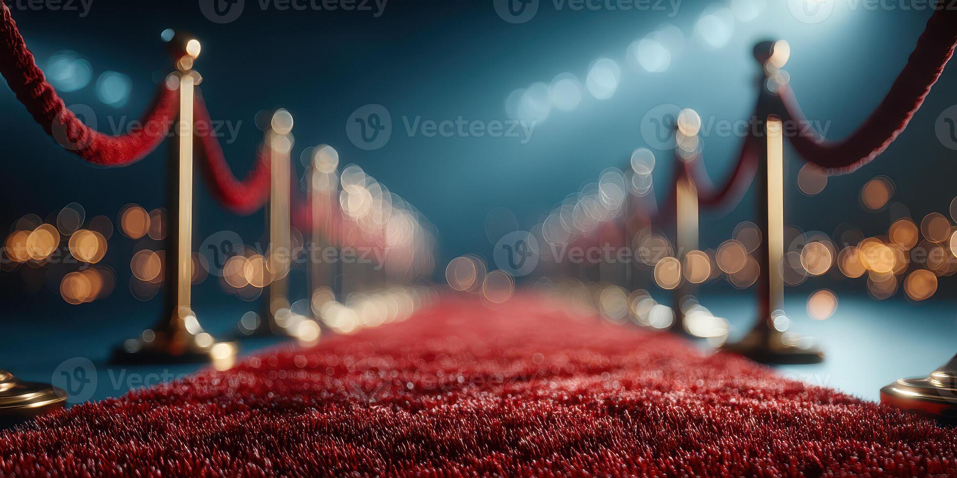 Red carpet event with golden rope barriers and soft bokeh lights in the background photo