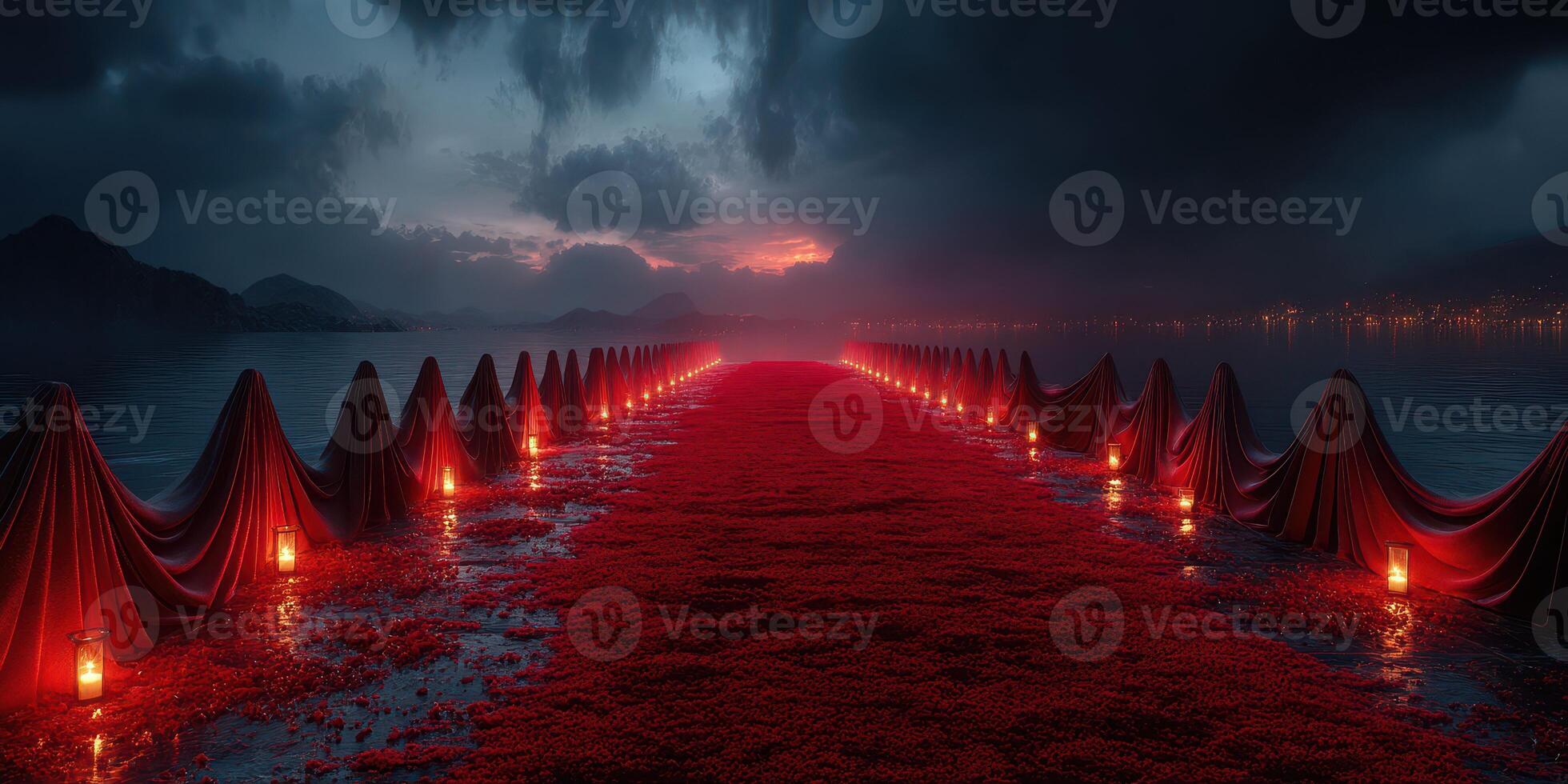 Lighting pathways in a crimson landscape during twilight at a serene lakeside photo