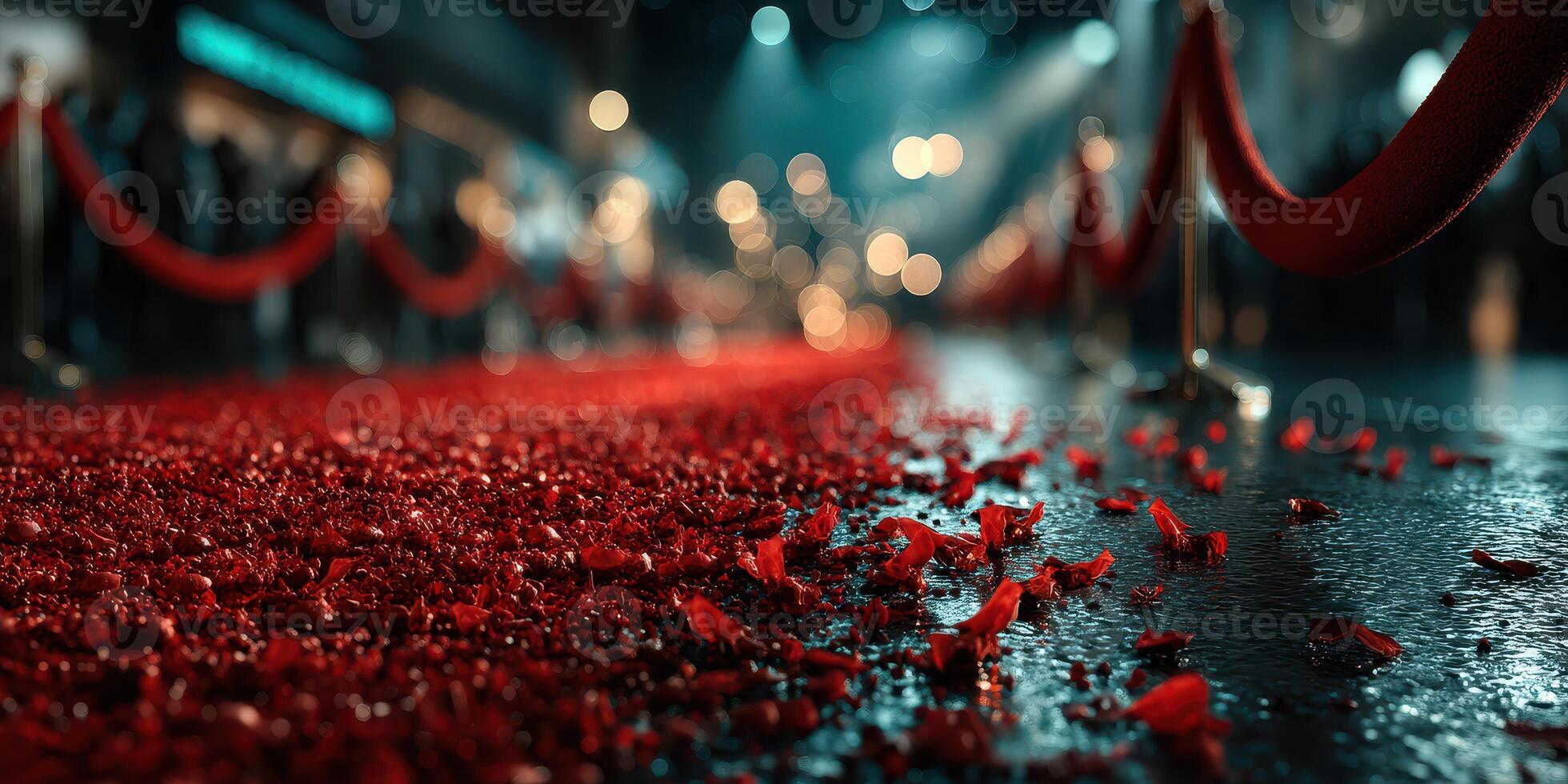 Red carpet event features scattered petals and elegant atmosphere in a lively urban setting photo
