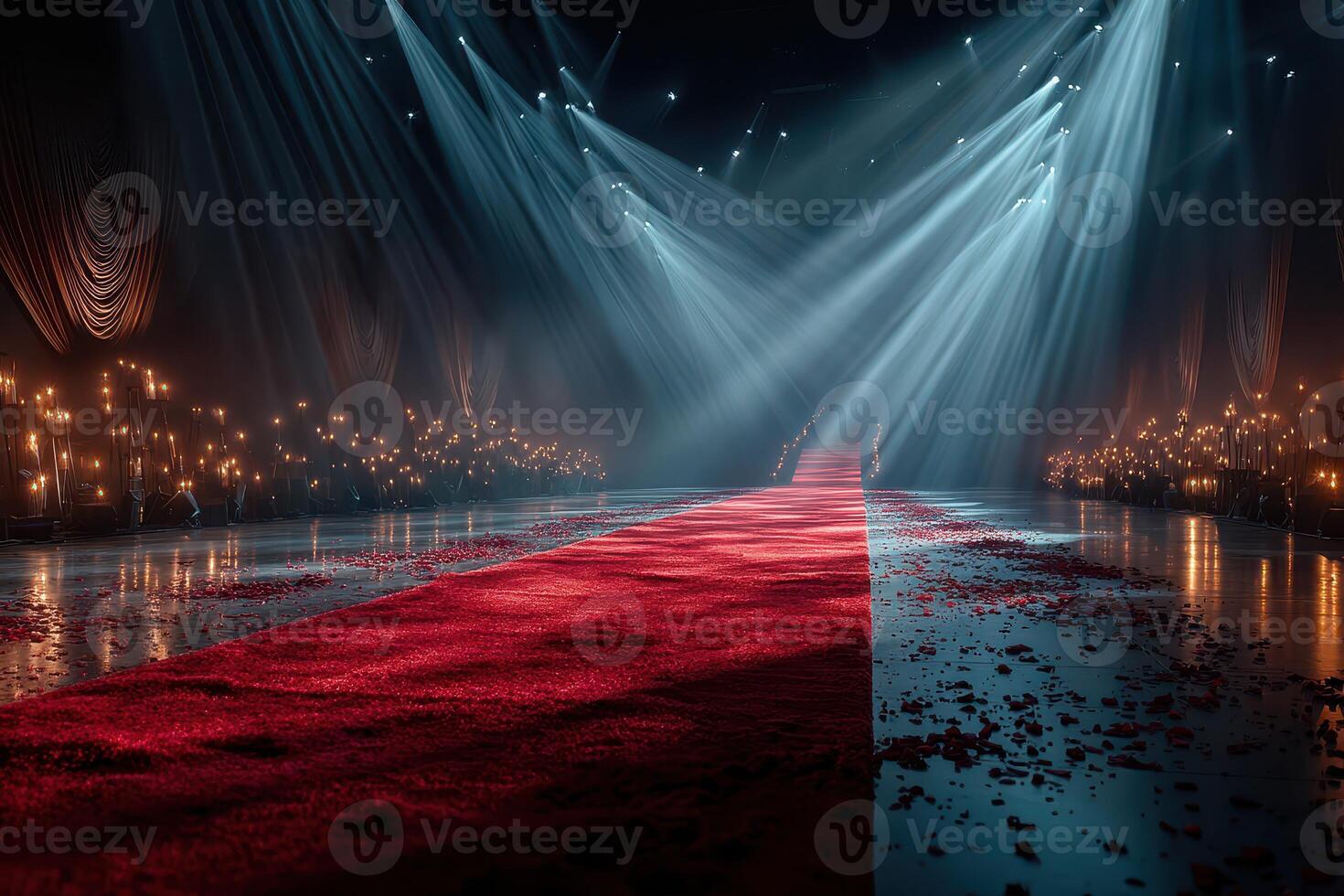 Dramatic red carpet runway illuminated by soft lights during a glamorous event at night photo
