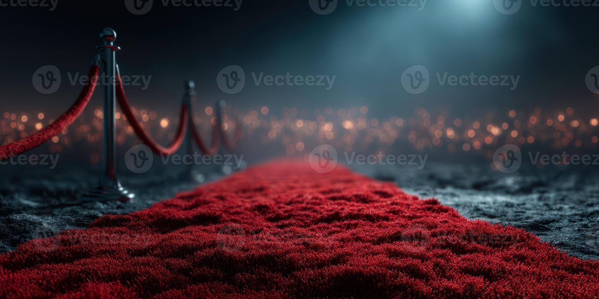 Red carpet leading to an elegant event with city lights in the background at night photo
