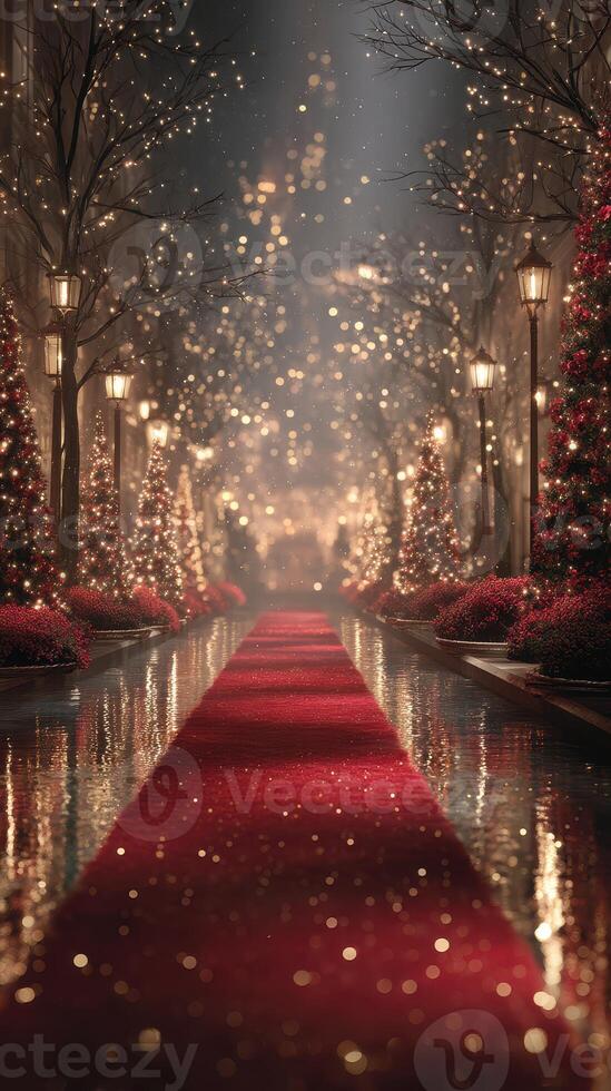Festive winter pathway lined with glowing lights, decorated trees, and a vibrant red carpet during nightfall photo