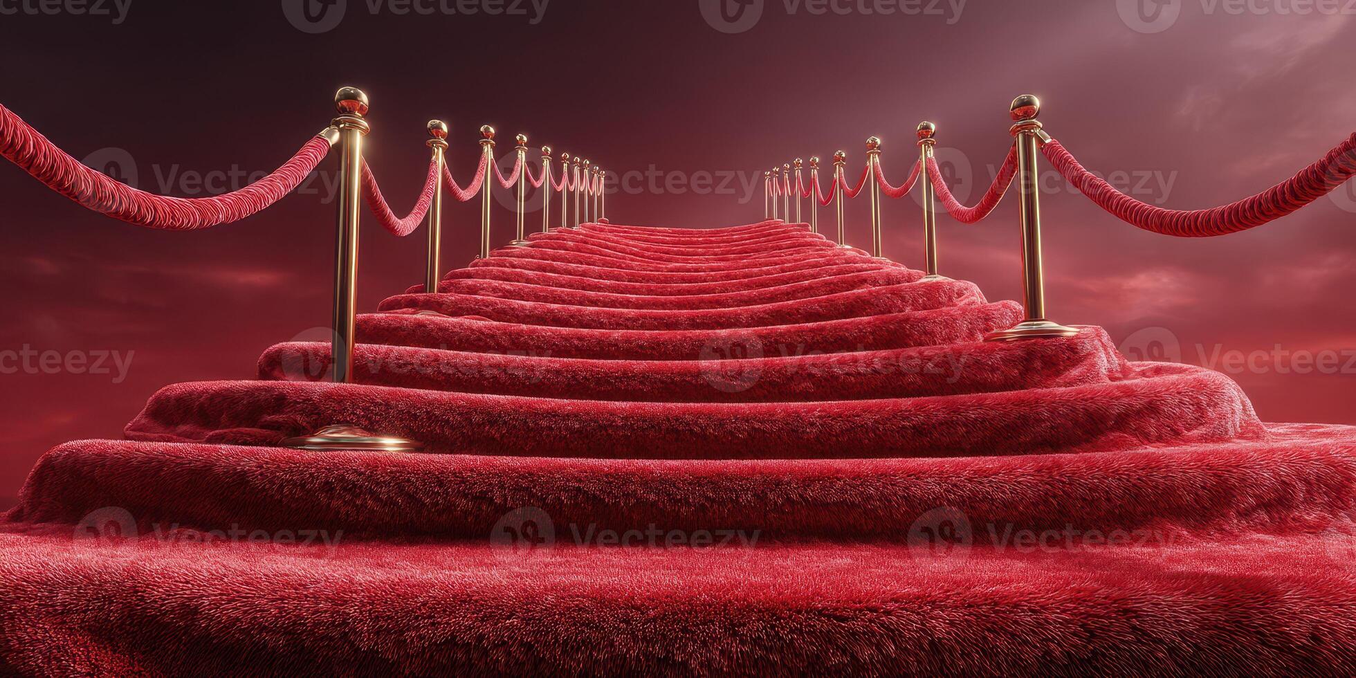 Luxurious red carpet staircase leading to a glamorous event venue with dramatic clouds in the background photo