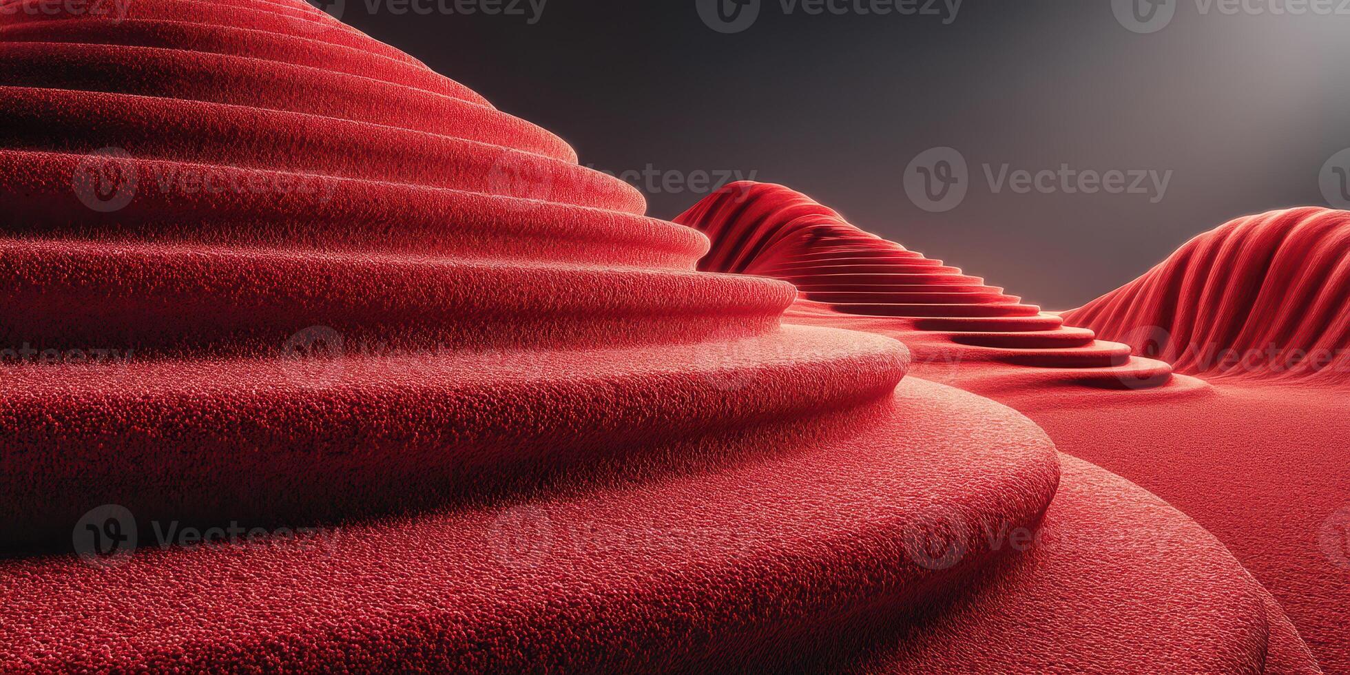 Unique red textured hills with smooth curves and layers in a minimalist landscape setting at dusk photo
