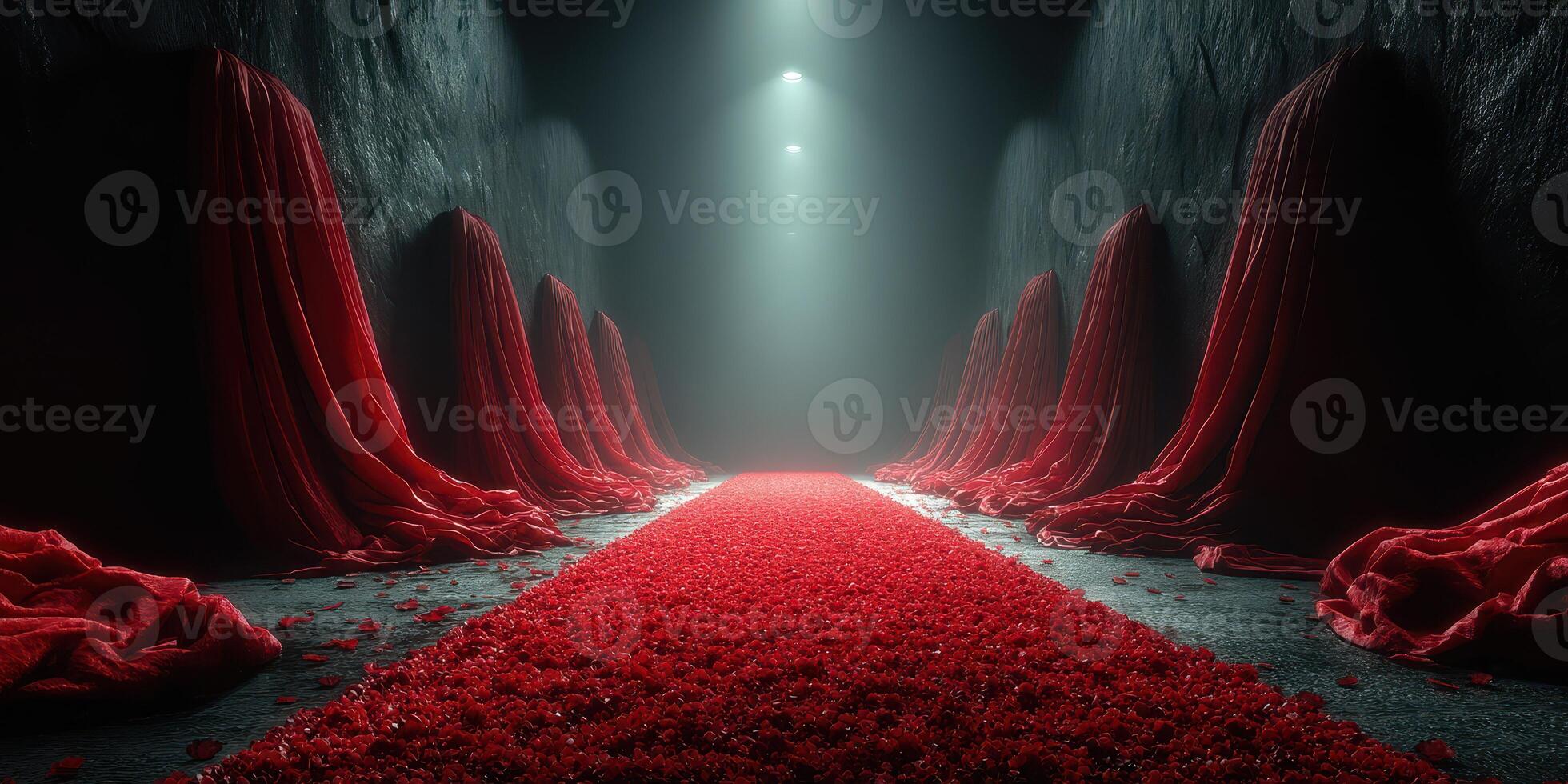 Atmosphere of mystery with red drapery and roses in a dimly lit corridor at night photo