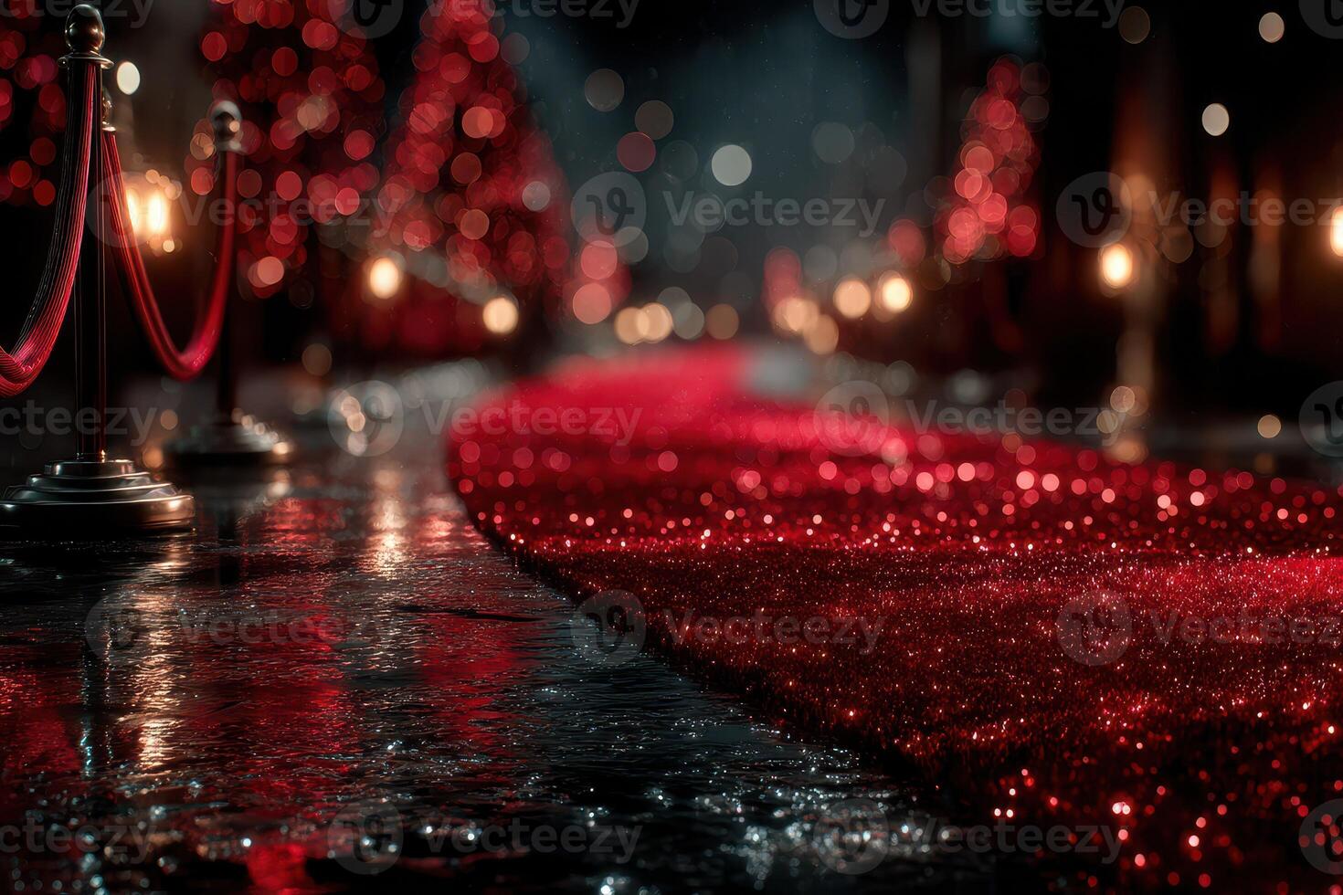 Elegant red carpet event pathway adorned with glowing lights during a festive evening gathering photo