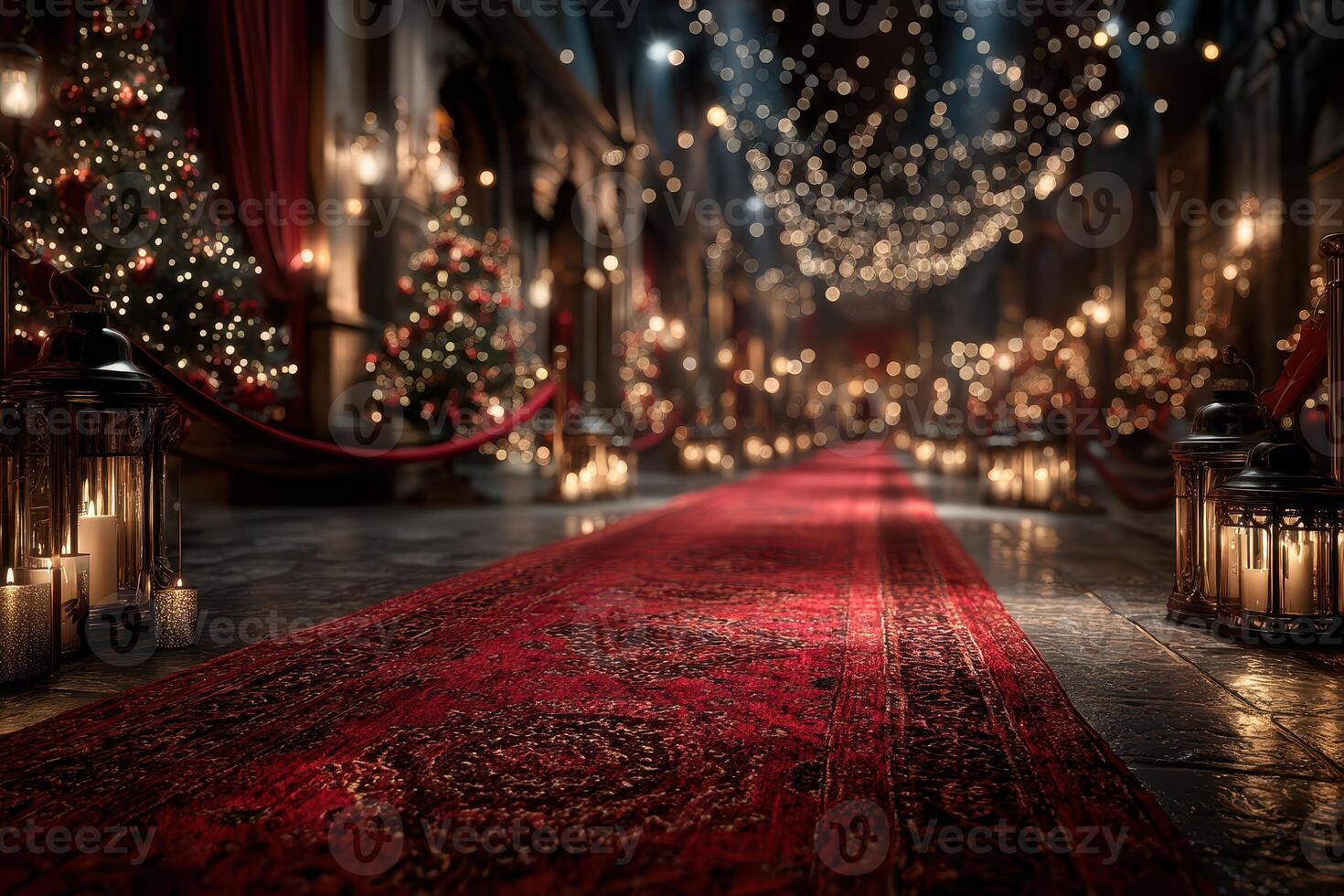 Elegant holiday celebration hall decorated with festive lights and candles in a luxurious setting photo