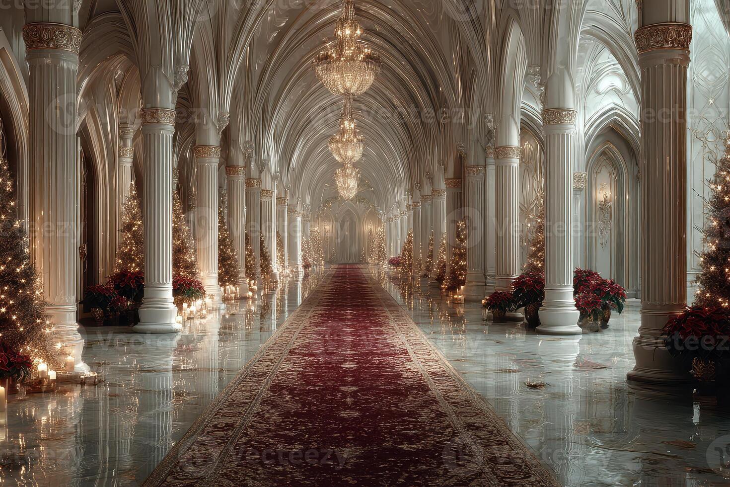 Luxurious holiday hallway adorned with festive decorations and elegant chandeliers in a grand palace setting photo