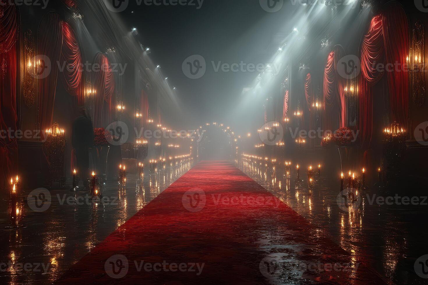 Elegant red carpet pathway illuminated by soft candlelight in a grand hall during an evening event photo