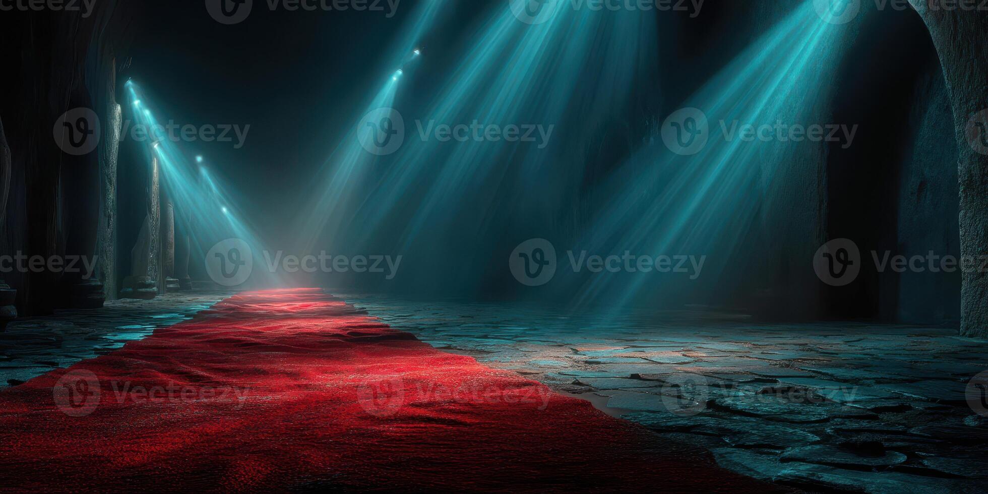 Illuminated red carpet leading to a mysterious destination in a dimly lit underground corridor with beams of light photo