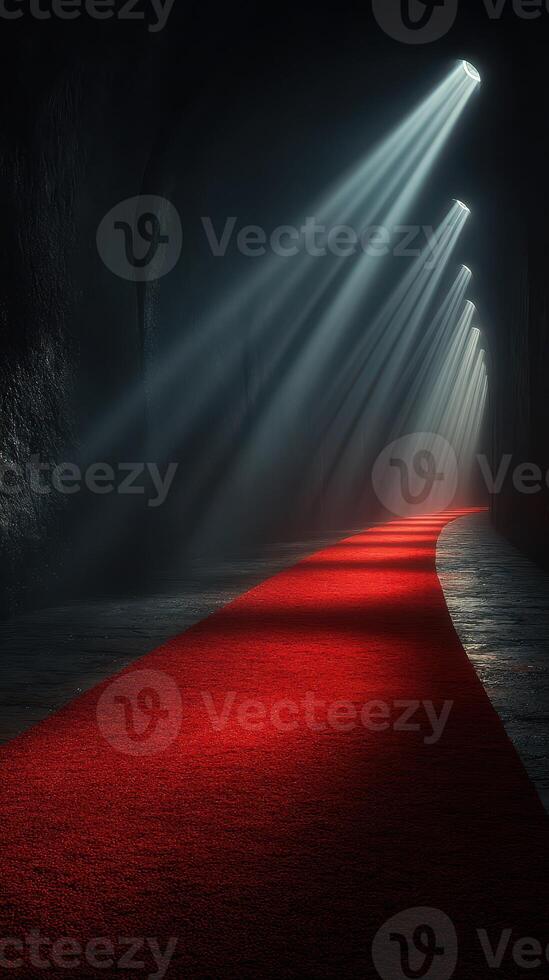 Mysterious dimly lit corridor with a red carpet leading to a light source photo
