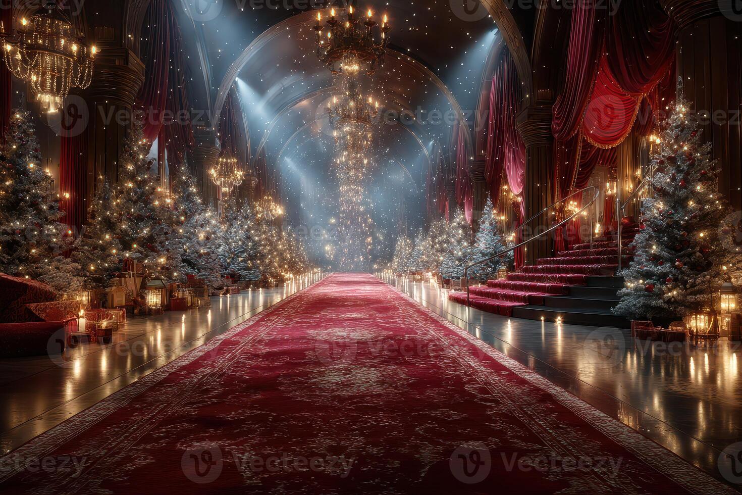 Elegant winter wonderland interior with decorated Christmas trees and glowing lights creates a festive atmosphere photo