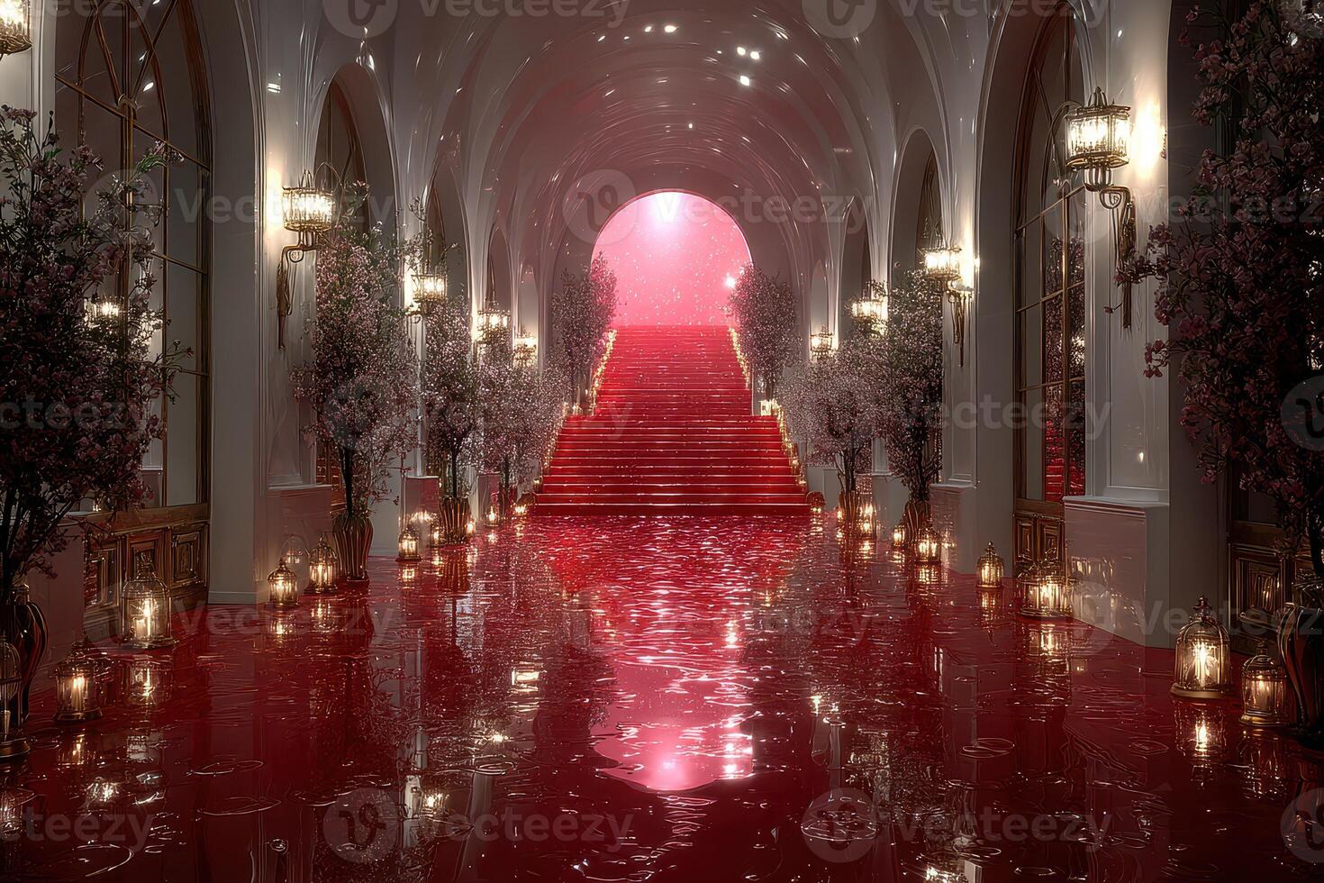 Elegant red carpet entrance in a grand hall with floral decorations and ambient lighting during an evening event photo