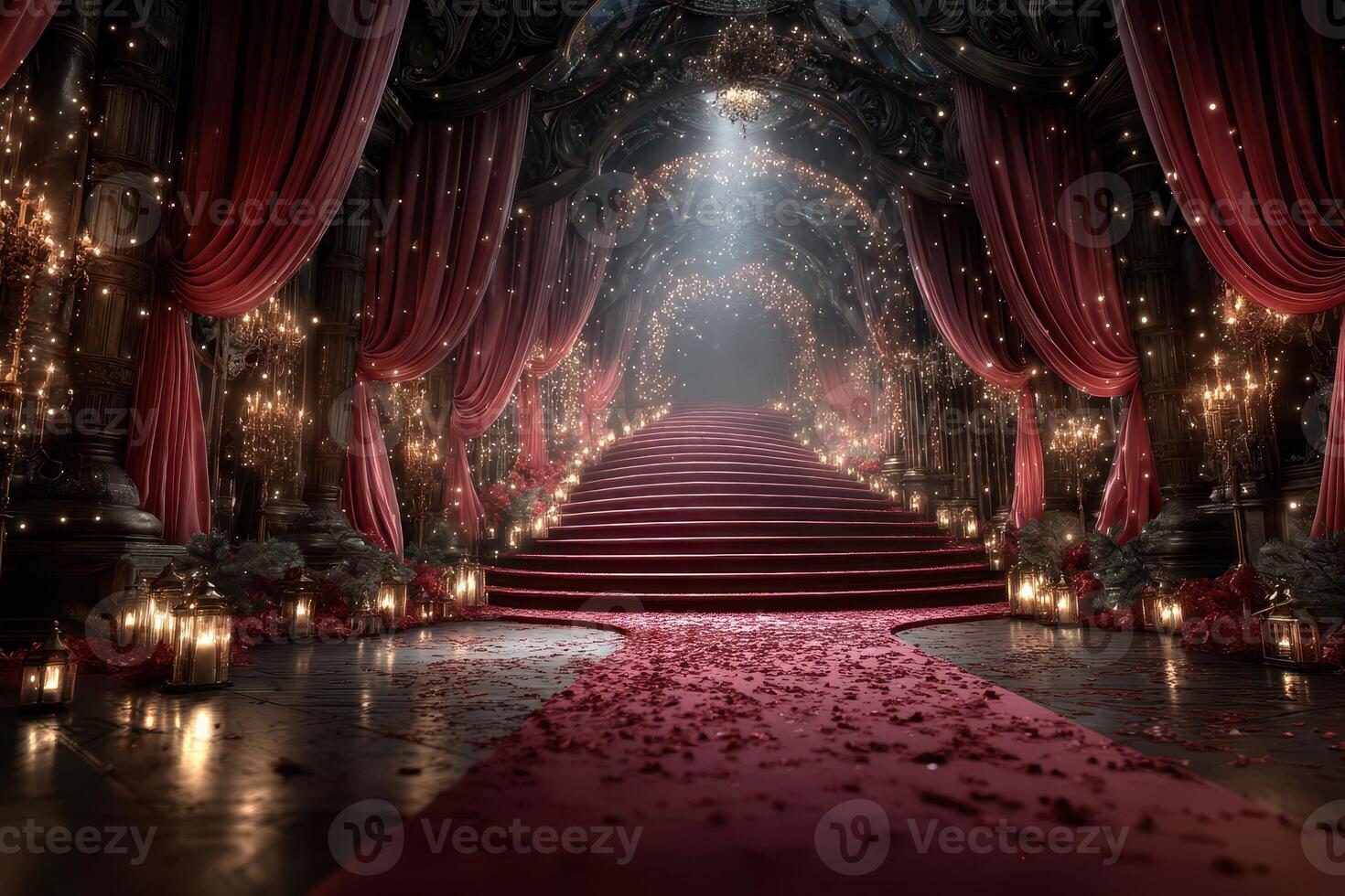 Enchanted entrance adorned with red carpet and soft lighting in a grand hall setting during a festive event photo