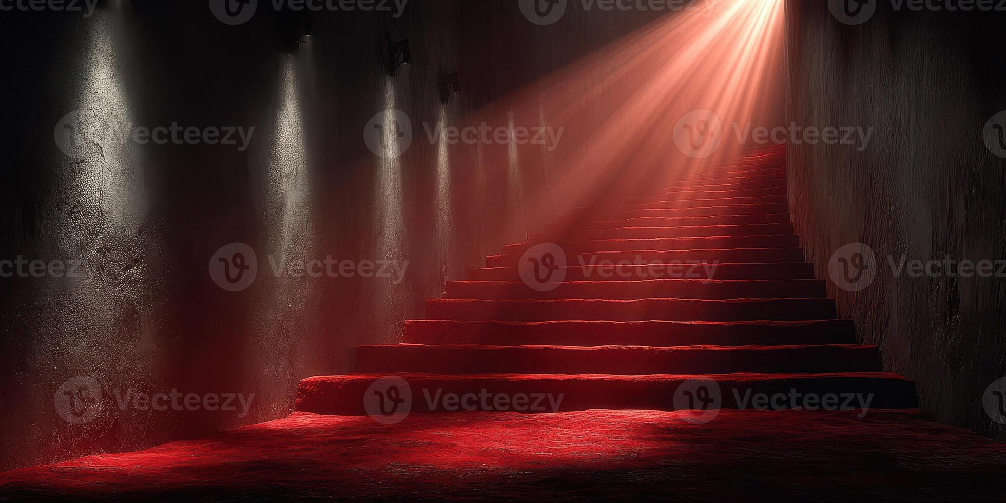 Light filters down a staircase illuminated by soft red carpet and ambient lighting in a moody setting photo