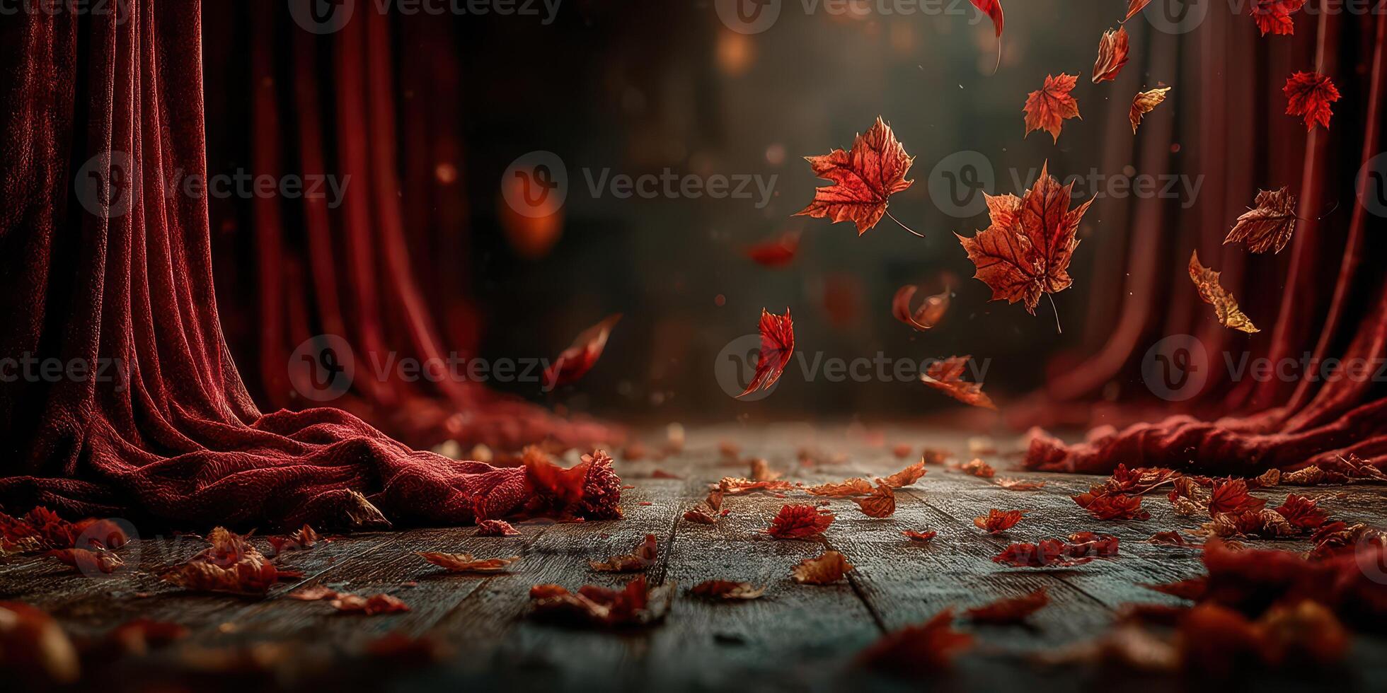 Autumn leaves swirl elegantly in a dimly lit theater space with red curtains and rustic wooden floor photo