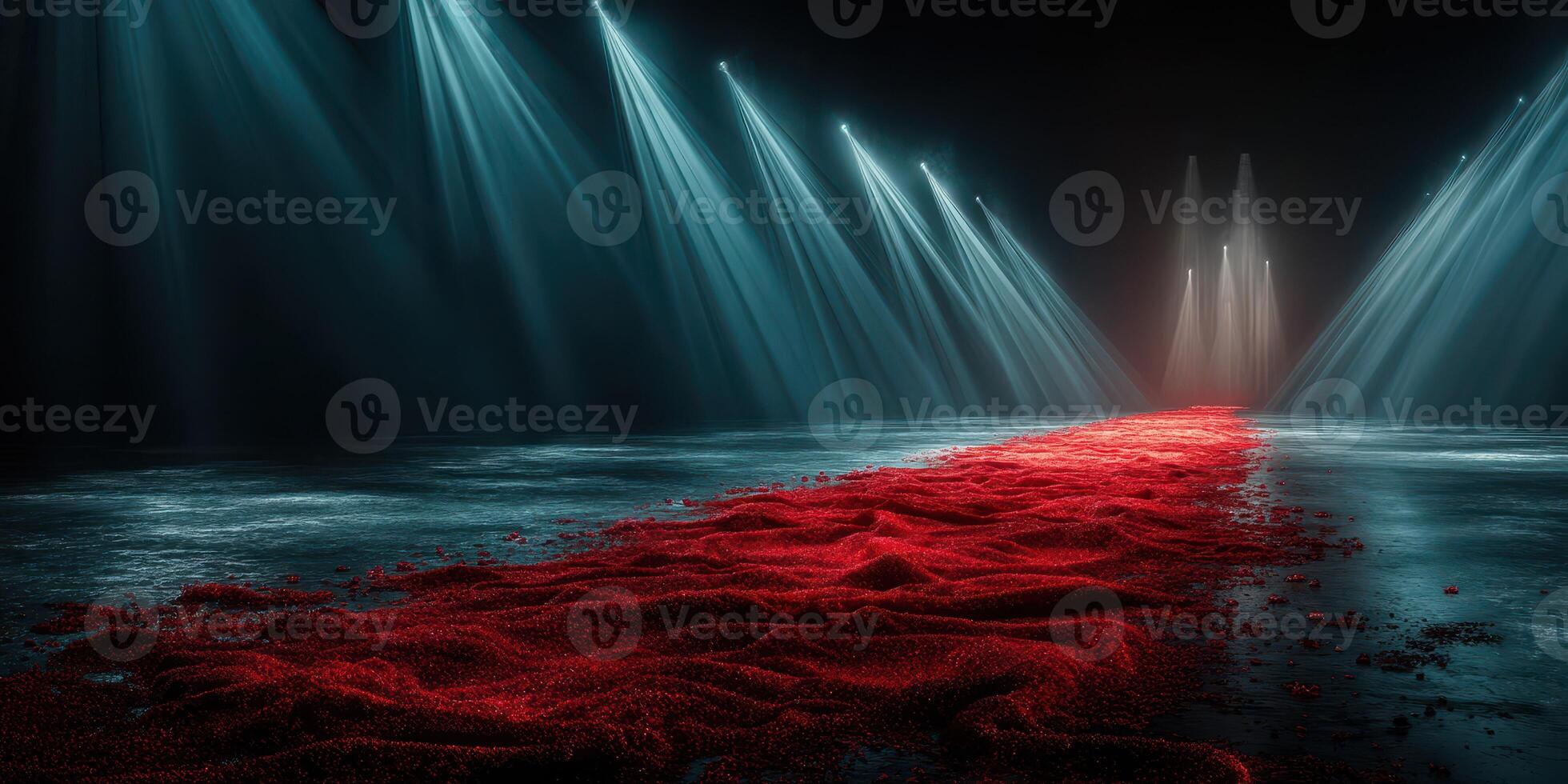Illuminated red fabric creates a striking contrast on a dark stage during a dramatic performance at twilight photo