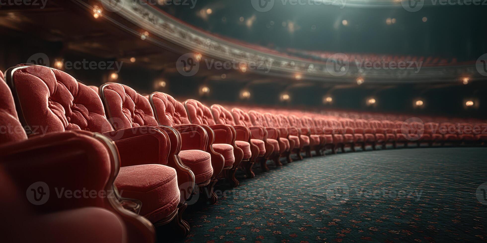 Rows of red velvet seats in an ornate theater await audience members for an evening performance photo