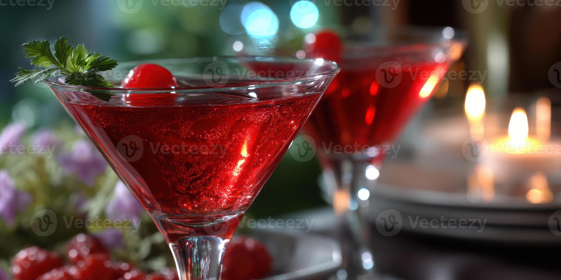 Elegant red cocktails served in martini glasses at a candlelit dinner setting with floral accents and soft lighting photo