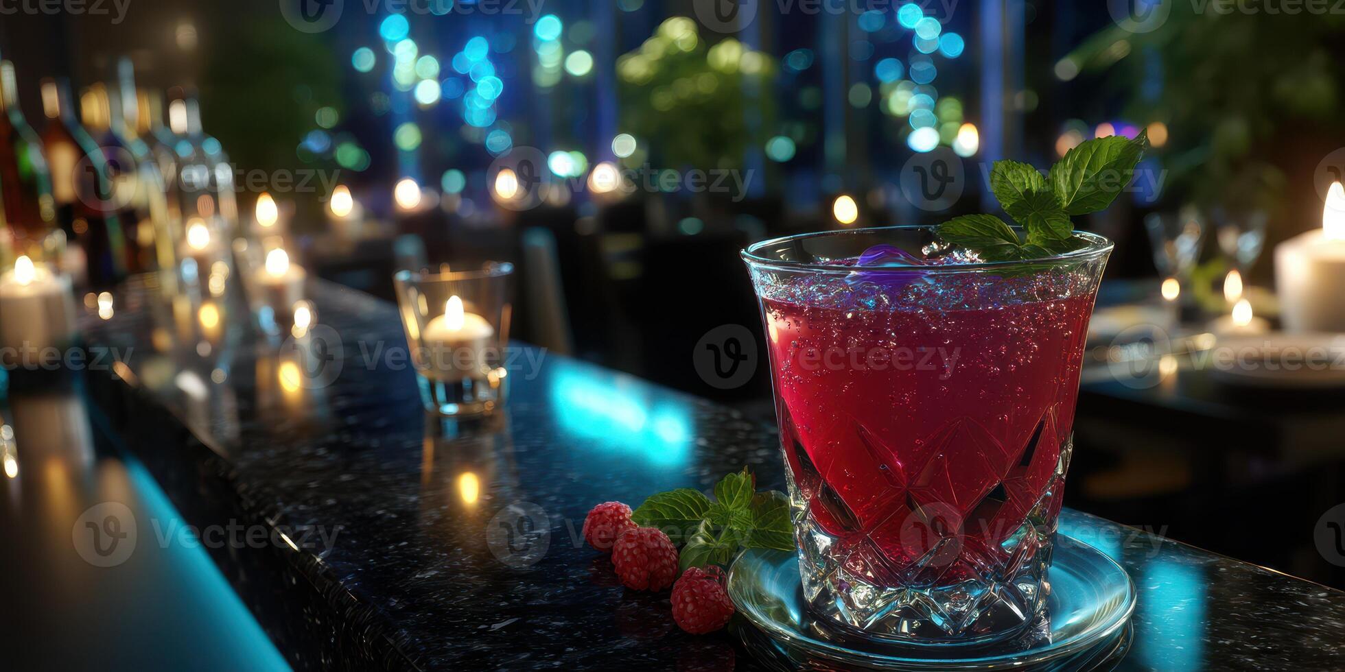 Colourful cocktail served at a bar during evening hours with dim lighting and decorative elements photo