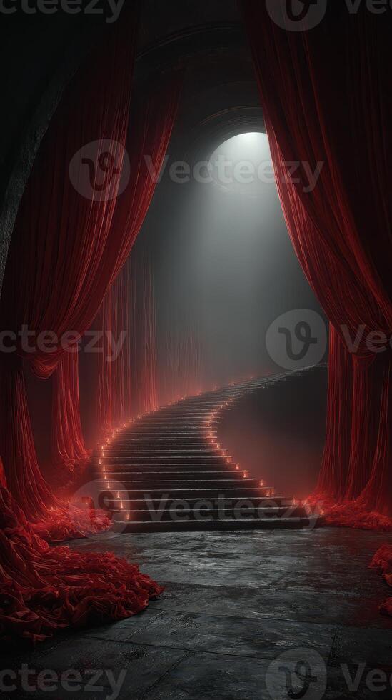 Mysterious red curtains frame a narrow staircase leading to an illuminated exit in a shadowy, atmospheric space photo