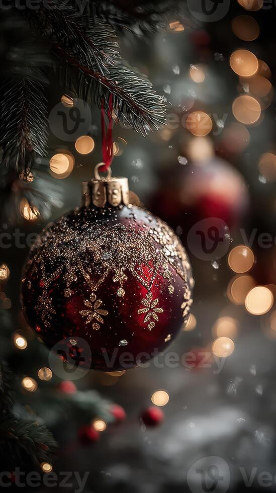 Christmas ornament hanging on a tree with blurred lights in the background photo