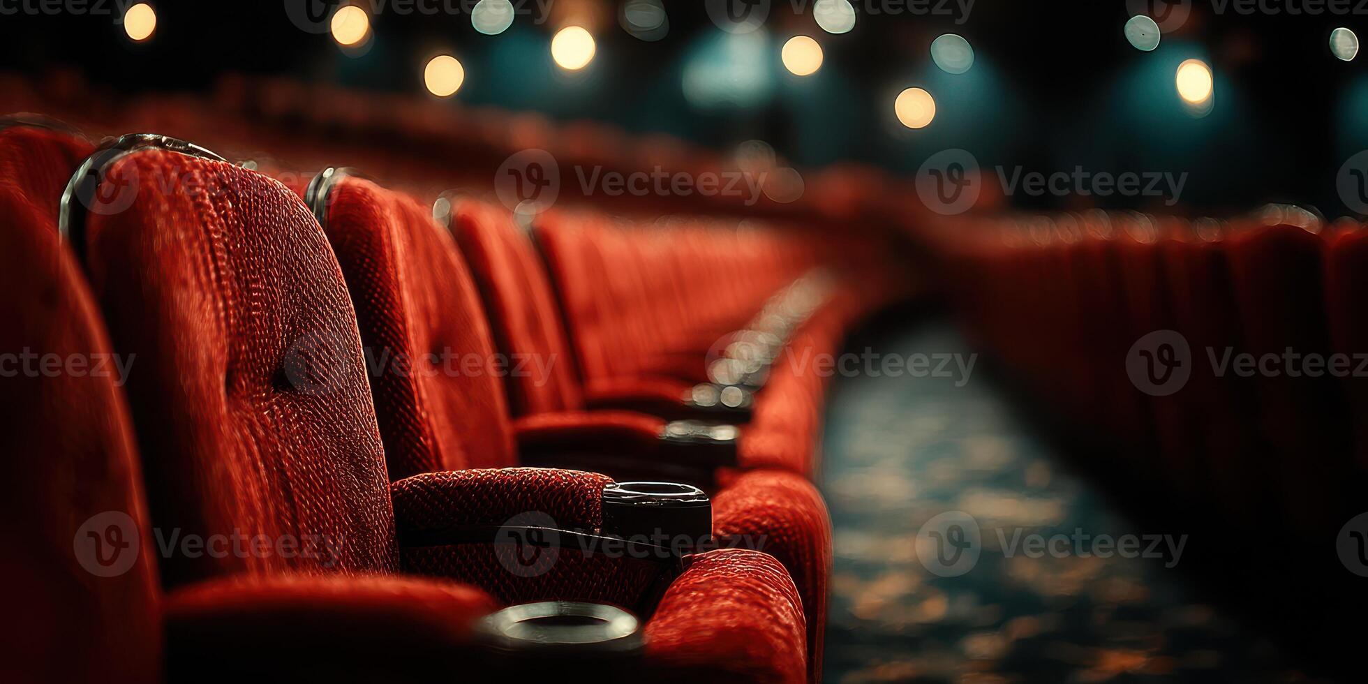 Empty red theater seats set against a dimly lit backdrop before the evening show begins photo