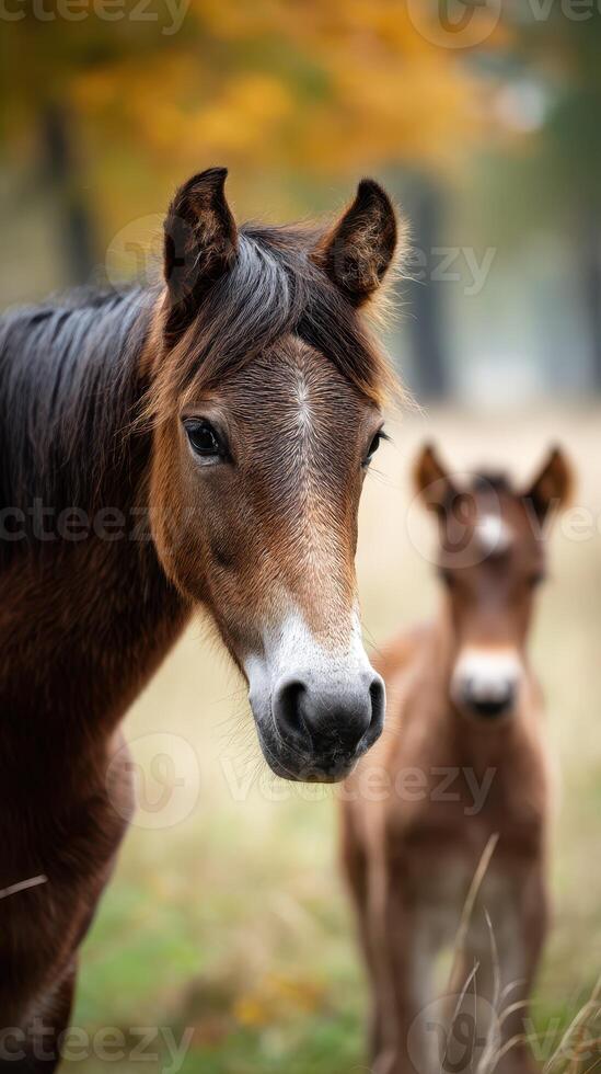 Close-up of a mare and her foal in a serene autumn landscape during golden hour photo