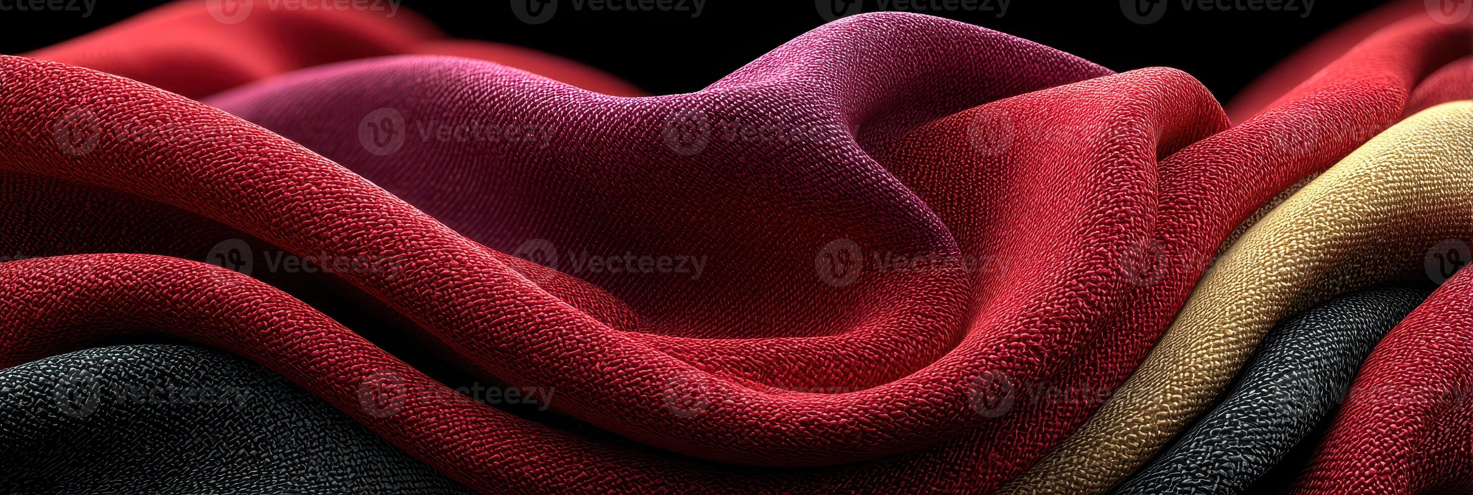 Textured fabric draping in rich colors showcasing waves of red, black, and gold under soft lighting photo