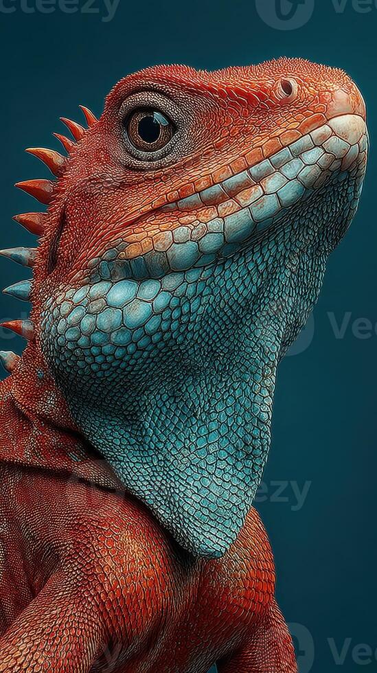 Colorful lizard with intricate scales and unique features poses against a dark background photo
