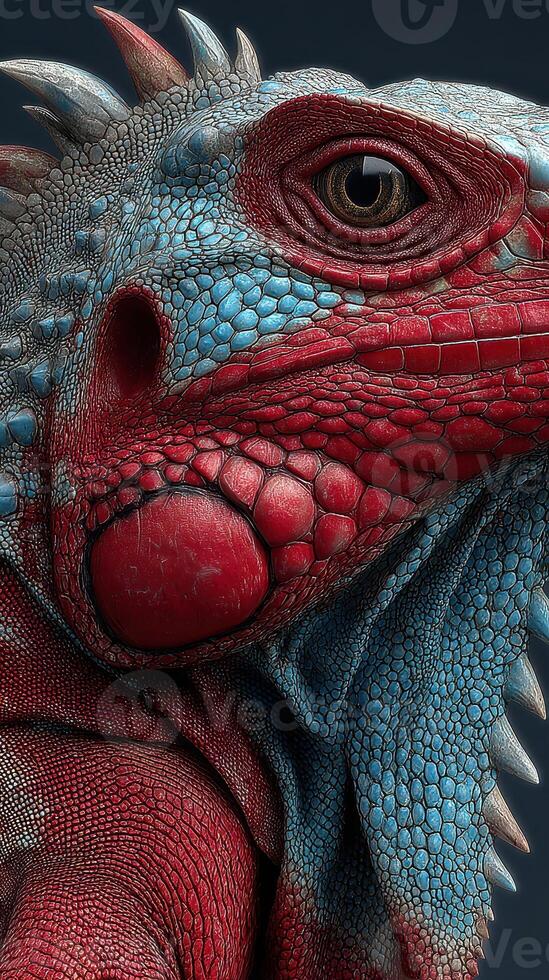 Brightly colored iguana poses for a close-up shot highlighting its unique texture and features photo