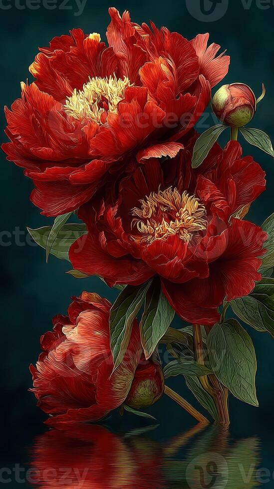 Vibrant red peonies bloom gracefully against a dark green background reflecting their beauty in soft light photo