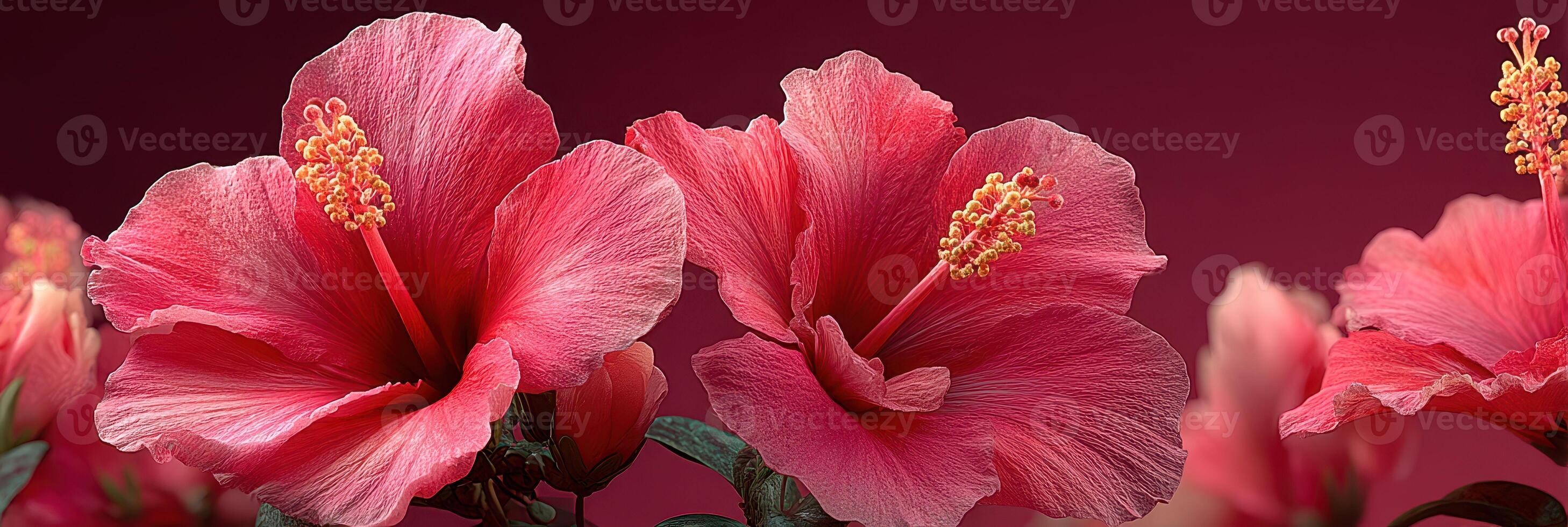 Vibrant hibiscus flowers bloom in a lush garden setting during a sunny afternoon in summer photo