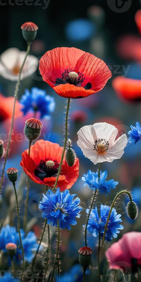 Colorful wildflowers bloom in a vibrant meadow during springtime, showcasing red, white, and blue petals against a soft background photo