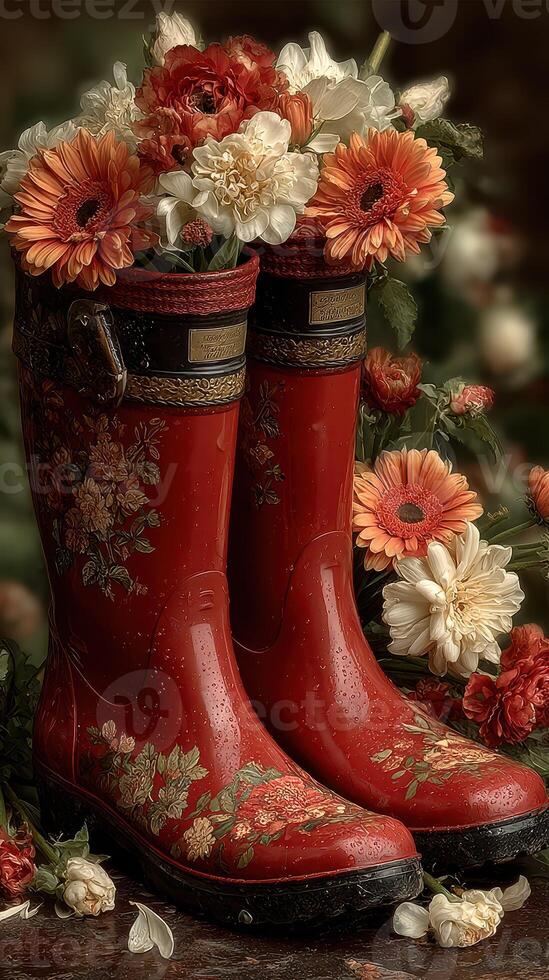 Bright red rain boots filled with vibrant flowers on a rainy day in a garden setting create a cheerful and whimsical atmosphere photo